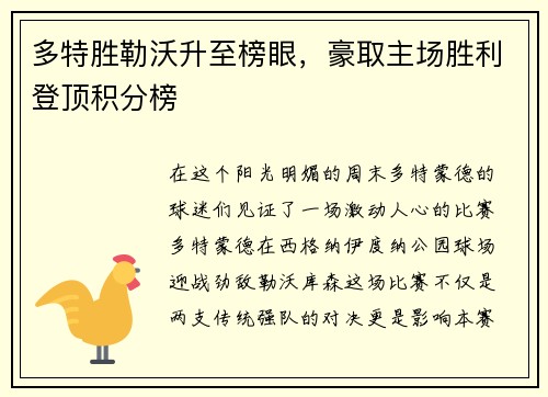 多特胜勒沃升至榜眼，豪取主场胜利登顶积分榜