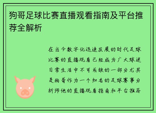 狗哥足球比赛直播观看指南及平台推荐全解析
